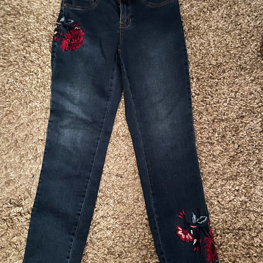 Tribal Dark Wash Cropped Girlfriend Jeans with Red Floral Embroidery